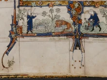 Scenes of David as shepherd defending his flock from a lion and a bear at the base of the Tickhill Psalter’s Tree of Jesse.