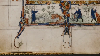 Scenes of David as shepherd defending his flock from a lion and a bear at the base of the Tickhill Psalter’s Tree of Jesse.