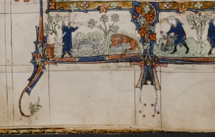 Scenes of David as shepherd defending his flock from a lion and a bear at the base of the Tickhill Psalter’s Tree of Jesse. Credit: Courtesy of The Morgan Library & Museum