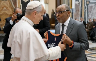 Film director Spike Lee gives Pope Leo XIV a customized New York Knicks jersey at the Vatican on Nov. 15, 2025. Credit: Vatican Media