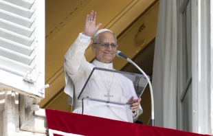Pope Leo XIV at a window of the Vatican’s Apostolic Palace leads pilgrims in reciting the Angelus, on Sept. 14, 2025, the pope’s 70th birthday. Credit: Vatican Media