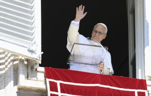 Pope Leo XIV waves to those gathered in St. Peter’s Square to pray the Angelus and listen to his Sunday message on Sept. 21, 2025. Credit: Vatican Media