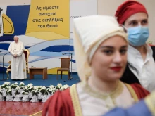 Pope Francis meets with young people at St. Dionysius School of the Ursuline Sisters in Maroussi, Athens, Dec. 6, 2021.