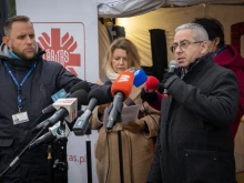 Fr. Marcin Iżycki, director of Caritas Poland, speaks during a press conference on the Belarus border crisis.
