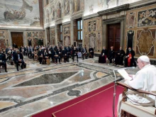 Pope Francis addresses participants in the plenary assembly of the Pontifical Academy for Life in the Vatican’s Clementine Hall, Sept. 27, 2021.