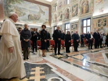 Pope Francis greets members of the Biomedical University Foundation of the Biomedical Campus University, at the Vatican’s Clementine Hall, Oct. 18, 2021.