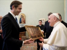 Pope Francis meets members of the Swedish Academy at the Vatican's Hall of Popes, Nov. 19, 2021.