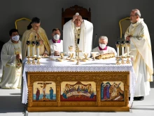 Pope Francis celebrates Mass at the GSP Stadium in Nicosia, Cyprus, Dec. 3, 2021.