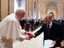 Pope Francis meets members of the Union of Italian Catholic Jurists at the Vatican’s Benediction Hall, Dec. 10, 2021.