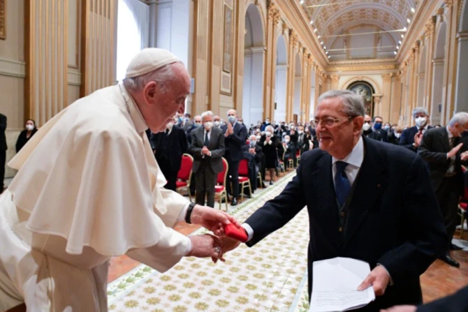 Pope Francis meets members of the Union of Italian Catholic Jurists at the Vatican’s Benediction Hall, Dec. 10, 2021.