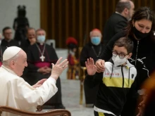 Pope Francis with Paolo Bonavita and Elsa Morra at his general audience in the Paul VI Hall at the Vatican, Oct. 20, 2021