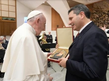 Pope Francis meets members of the Sts. Peter and Paul Association at the Vatican, Jan. 8, 2021.