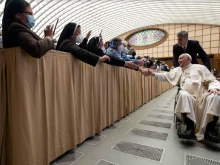 Pope Francis meets participants in the plenary assembly of the International Union of Superiors General on May 5, 2022.
