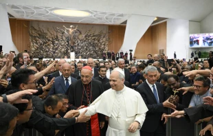 Pope Leo XIV meets with priests of Rome in the Vatican’s Paul VI Hall on Thursday, June 12, 2025. Credit: Vatican Media