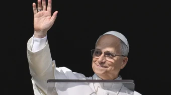 Pope Leo XIV greets pilgrims gathered in St. Peter's Square at the Vatican for the Angelus on December 14, 2025.