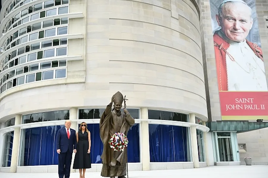 US President Donald Trump and First Lady Melania Trump visit the Saint John Paul II National Shrine, to lay a ceremonial wreath on June 2, 2020. ?w=200&h=150