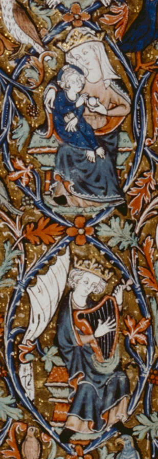 A crop of the enter of Tickhill Psalter showing the Virgin and Child and the figure of David playing a harp. Credit: Courtesy of the New York Library
