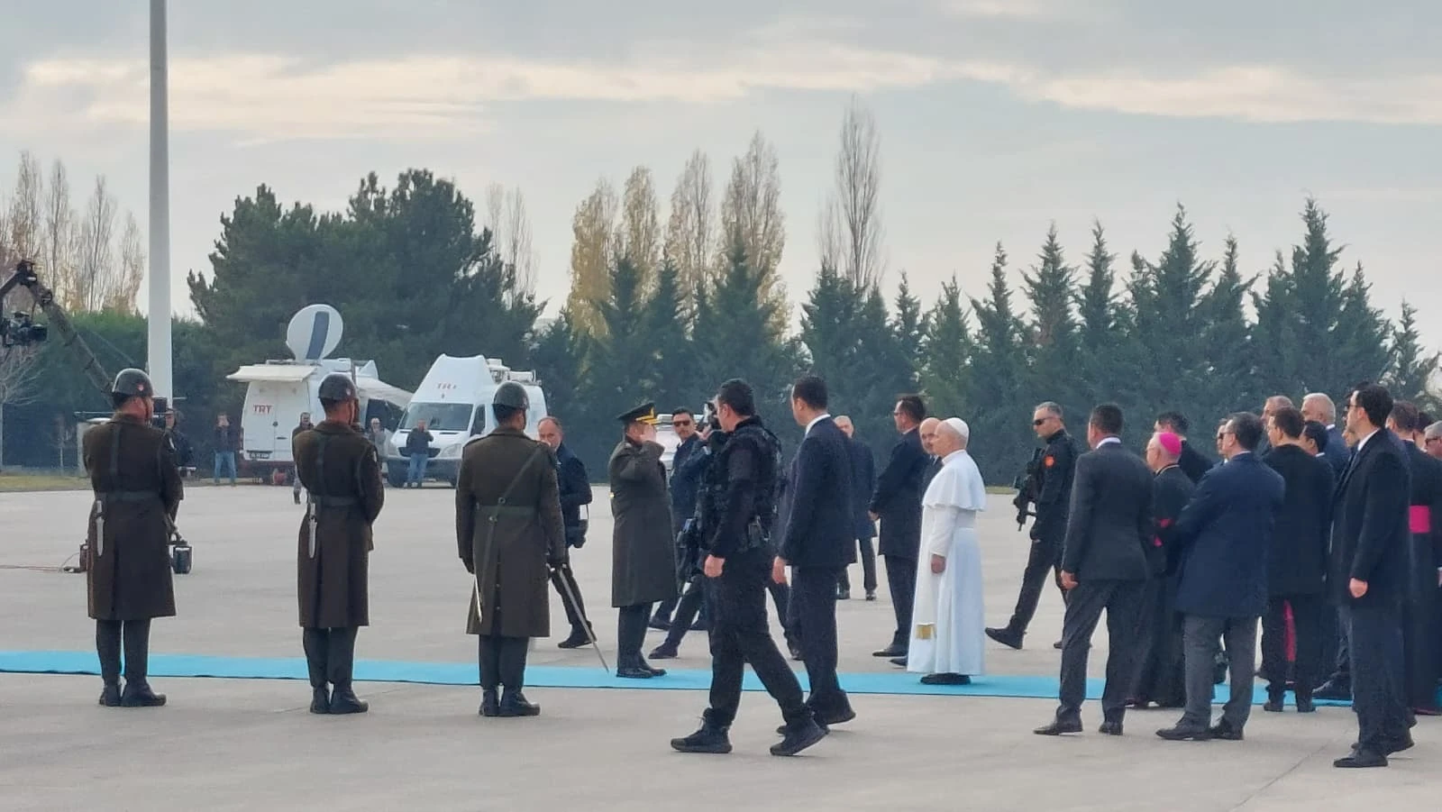 Pope Leo XIV is greeted by Turkish authorities and members of the military upon landing at the Esenboğa International Airport in Ankara, Turkey, on Nov. 27, 2025. | Credit: Elias Turk/EWTN News.
