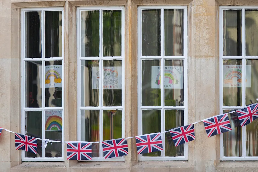 Union Jack bunting across the windows of Ely Court care home, in Cardiff, Wales. ?w=200&h=150