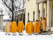 Ukrainian Greek Catholic priests in front of a church in Lviv, Ukraine, in 2018.