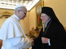 Pope Leo XIV receives Patriarch Bartholomew of Constantinople at the Vatican on May 30, 2025.