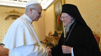 Pope Leo XIV receives Patriarch Bartholomew of Constantinople at the Vatican on May 30, 2025.