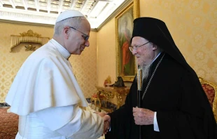 Pope Leo XIV receives Patriarch Bartholomew of Constantinople at the Vatican on May 30, 2025. Credit: Vatican Media
