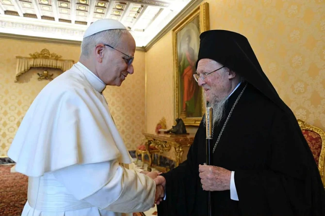 Pope Leo XIV receives Patriarch Bartholomew of Constantinople, May 30, 2025.