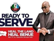 The campaign poster for Father Hyacinth Iormen Alia alluded to his well-known healing ministry.