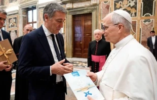 Pope Leo XIV meets the president of the Italian Anti-Usury Council, Luciano Gualzetti, on Oct. 18, 2025. Credit: Vatican Media