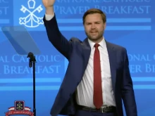 U.S. Vice President JD Vance waves to the crowd at the 2025 National Catholic Prayer Breakfast.