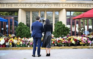 “I have never had a day that will stay with me like this day did,” said U.S. Vice President JD Vance following his visit with parents and victims of the shooting at Annunciation Catholic Church in Minneapolis. The Vances are shown here outside the church during their Sept. 3, 2025, visit. Credit: Alex Wroblewski-Pool/Getty Images