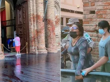 Red paint is splashed on the cathedral of Santa Cruz de la Sierra - Members of Mujeres Creando.