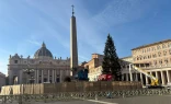 The fir tree and the Nativity scene are ready for the dedication in St. Peter’s Square on Dec. 15, 2025.
