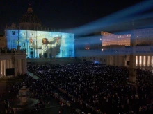 The facade of St. Peter’s Basilica was illuminated on Sunday, Oct. 2, 2022, with 3-D projection mapping of Renaissance art from the Vatican Museums in a new light display titled “Follow Me: The Life of St. Peter.” The display will be projected on the facade of St. Peter’s Basilica every 15 minutes between 9 p.m. and 11 p.m. each night through Oct. 16, 2022.