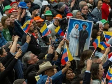 Venezualans celebate their country’s two new saints during the canonization ceremony on Oct. 19, 2025, in St. Peter’s Square at the Vatican.