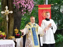 Archbishop Georg Gänswein, former prefect of the Papal Household, speaks at Maria Vesperbild in Bavaria, Germany, on the solemnity of the Assumption of Mary, Aug. 15, 2023.