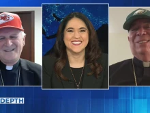 Kansas City Bishop James Johnston (left) and Philadelphia Archbishop Nelson Pérez (right) talk some clerical smack on “EWTN News in Depth” over their purportedly friendly Super Bowl wager. 