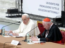 Pope Francis addresses the International Theological Symposium on the Priesthood at the Vatican’s Paul VI Hall, Feb. 17, 2022.