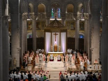Pope Francis presides over a July 28 Mass at the Basilica of Sainte-Anne-de-Beaupré in Canada.