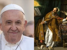 Pope Francis at the general audience, Oct. 19, 2022 — and St. Augustine of Hippo in a painting by Philippe de Champaigne, ca. 1650.