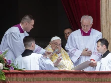 Pope Francis speaks the Easter blessing “urbi et orbi” from the central loggia of St. Peter’s Basilica, April 20, 2025.