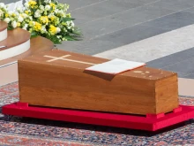 The coffin of Pope Francis rests before the altar at the funeral Mass on St. Peter’s Square, April 26, 2025.