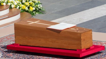 The coffin of Pope Francis rests before the altar at the funeral Mass on St. Peter’s Square, April 26, 2025.