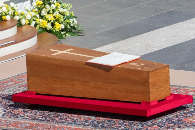 A close view of the coffin of Pope Francis resting before the altar at the funeral Mass on St. Peter’s Square, April 26, 2025