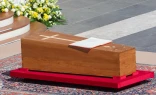 The coffin of Pope Francis rests before the altar at the funeral Mass on St. Peter’s Square, April 26, 2025.