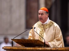 Cardinal Ángel Fernández Artime speaks at the eighth Novendiales Mass for Pope Francis at St. Peter’s Basilica, Saturday, May 3, 2025.