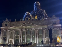 Illuminated drones reproduce Michelangelo’s “Pietà” over St. Peter’s Basilica at the Vatican on Sept. 14, 2025.