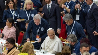 Pope Leo XIV shares lunch with people in need at the Vatican on November 16, 2025.