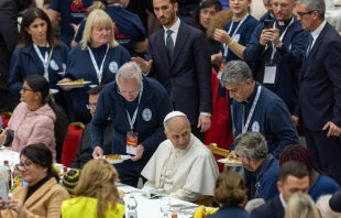 Pope Leo XIV shares lunch with people in need at the Vatican on Nov. 16, 2025. Credit: Daniel Ibáñez/EWTN News